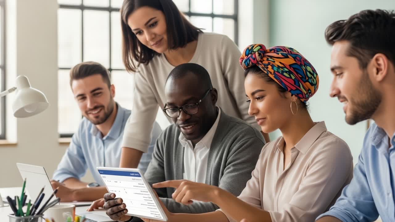 A Diverse Group Collaborating and Sharing Ideas in a Bright Workspace with Tablets, Focused on a Project, Showcasing Teamwork and Creativity