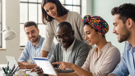 a diverse group collaborating and sharing ideas in a bright workspace with tablets, focused on a project, showcasing teamwork and creativity