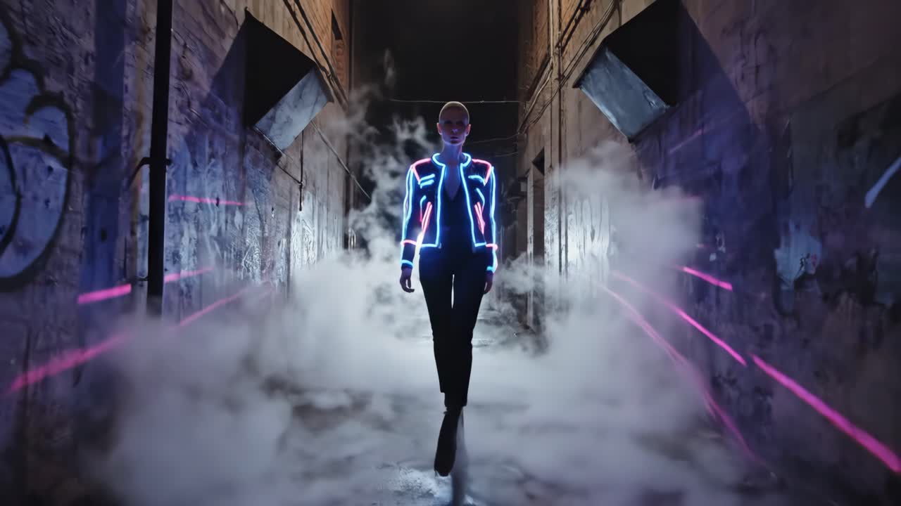 Woman in Neon Jacket in Urban Alley