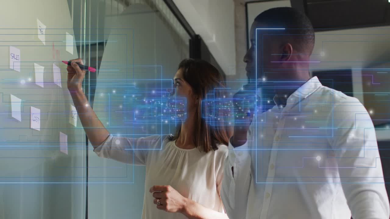 Woman reaching writing on glass wall AR UI appearing as man observing, evaluating business planning