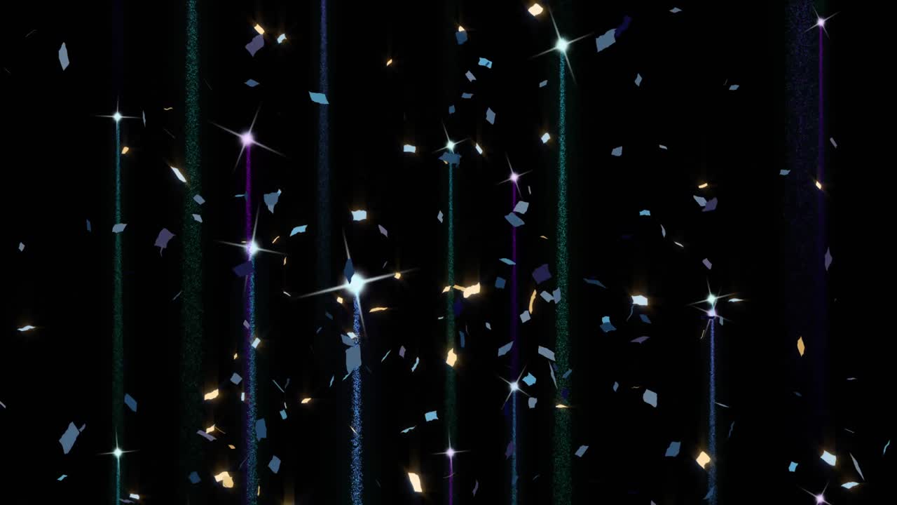 검은 바탕에 불꽃놀이와 콘페티의 애니메이션
