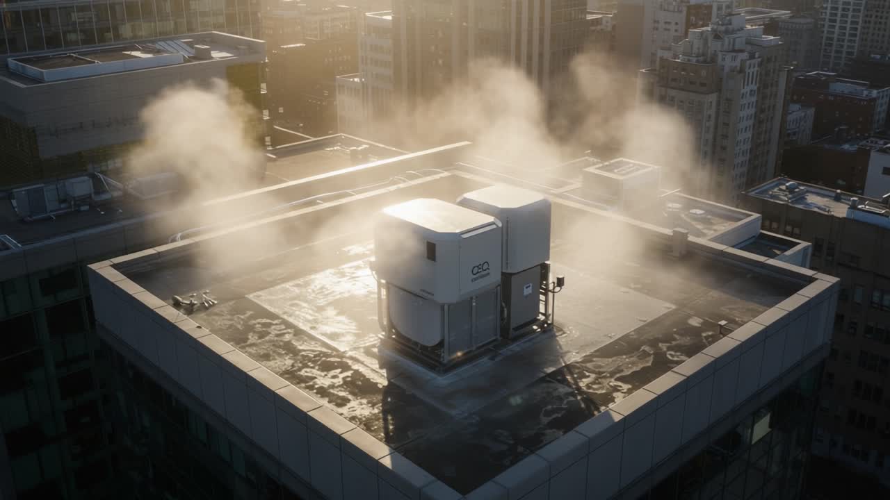 Aerial View of Rooftop Cooling System Surrounded by Steam, Showcasing Urban Infrastructure and Environmental Adaptations in a Modern Cityscape