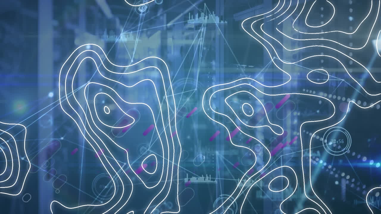 Animation of white map lines and data processing over computer servers