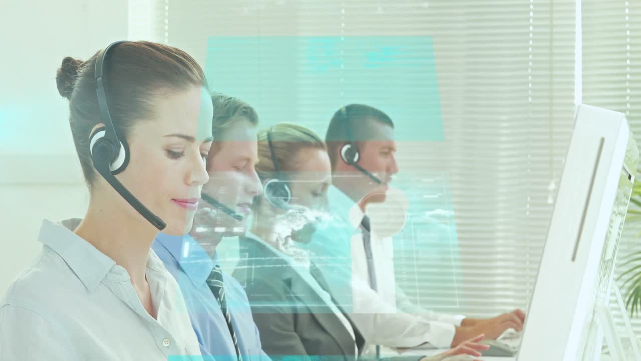 헤드 ⁇ 을 착용한 백인 사무실 직원들에 대한 연결 네트워크의 애니메이션