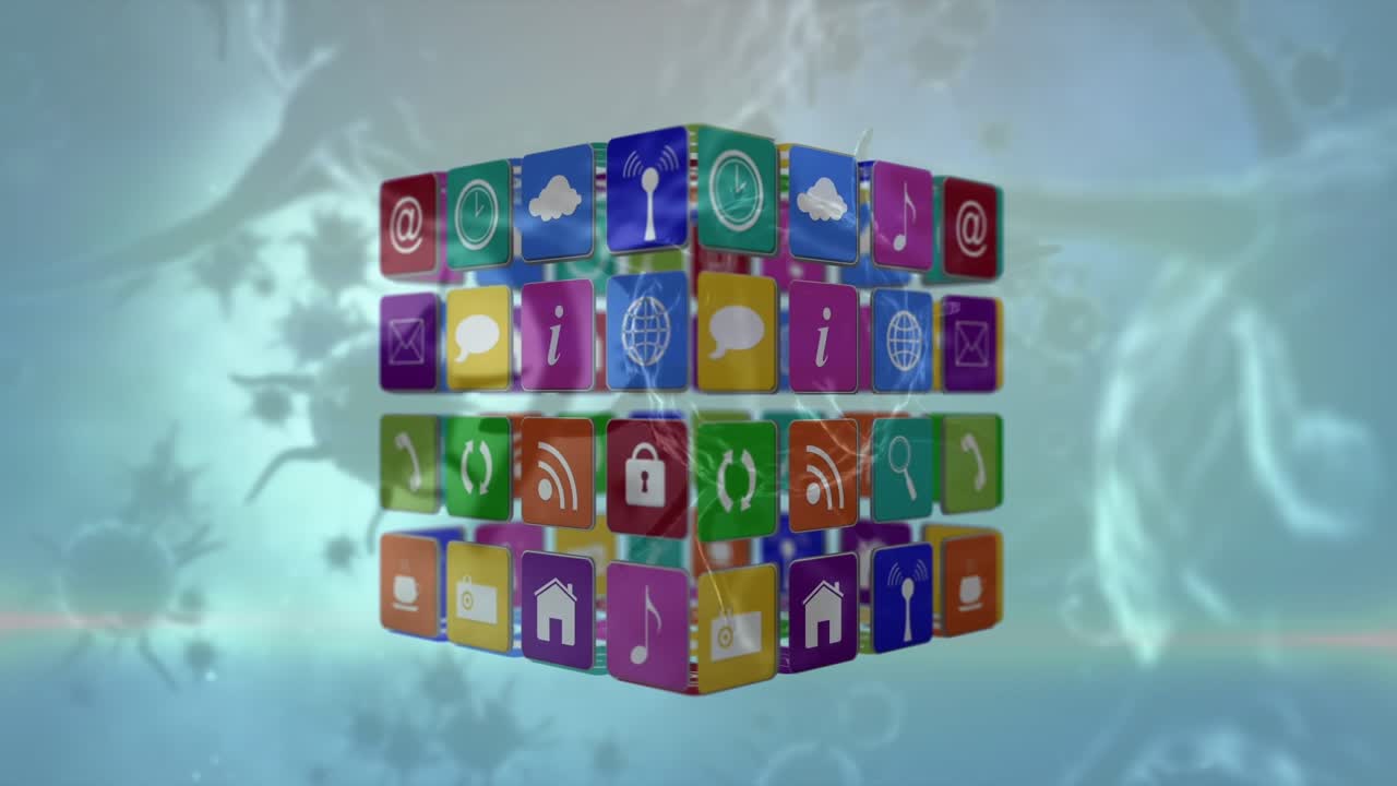 Cube of digital icons spinning and covid-19 cells floating against grey background