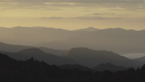 pan across mountain range, sunset over appalachian mountain range