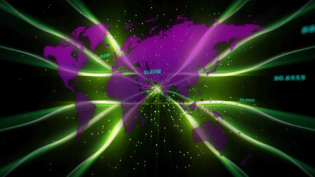 Animation of purple world map with green data streams and binary numbers
