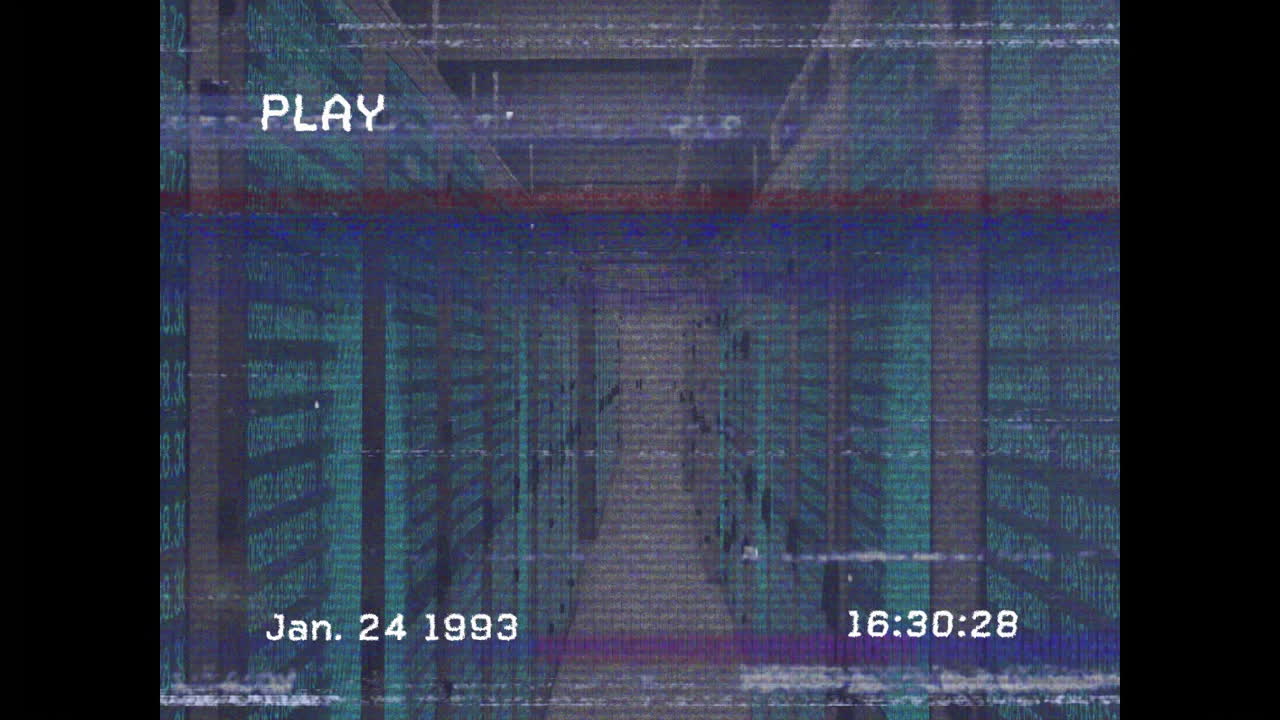 VHS-style animation glitching over library shelves showing date and time display