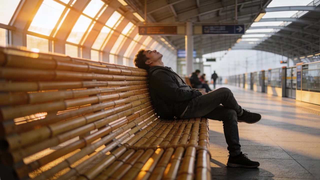 Sunlight pouring through glazed roof causing man in hoodie and jeans gazing upward on station bench
