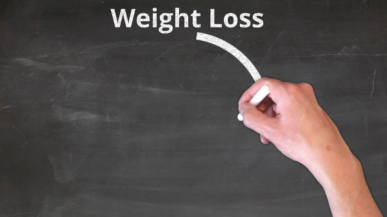 칠판에 손으로 쓴 체중 감량 파이 차트 설명자