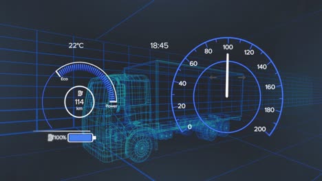 animation of scope scanning and data processing over stock market on black background