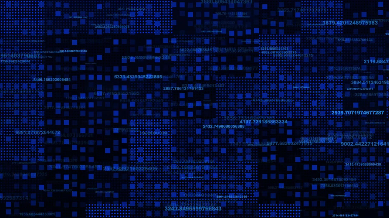 Digital Data Stream with Blue Glowing Squares and Numbers