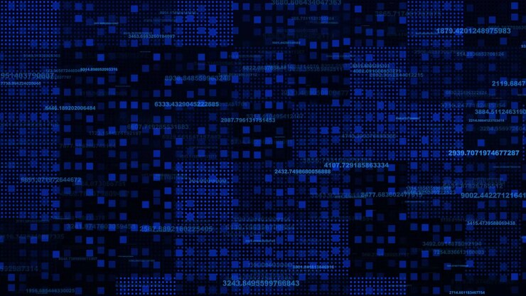 Digital Data Stream with Blue Glowing Squares and Numbers