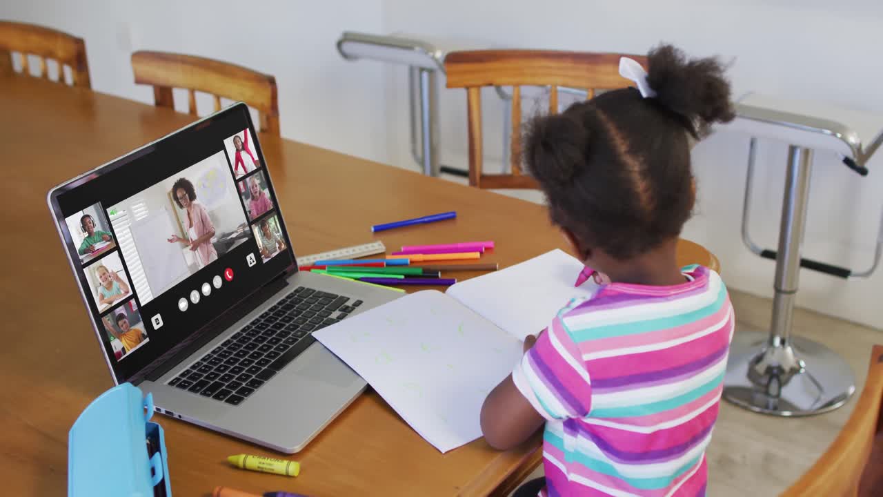 Schoolgirl using laptop for online lesson at home, with diverse teacher and class on screen