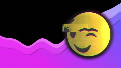 animación de un emoticono parpadeante sobre una onda púrpura sobre un fondo negro