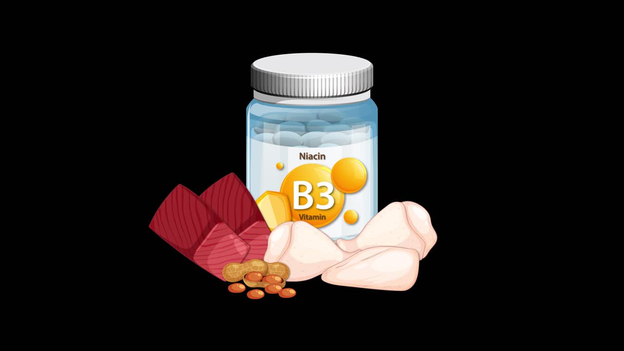 Vitamin B3 bottle animates with niacin-rich foods appearing, set against a clean black background