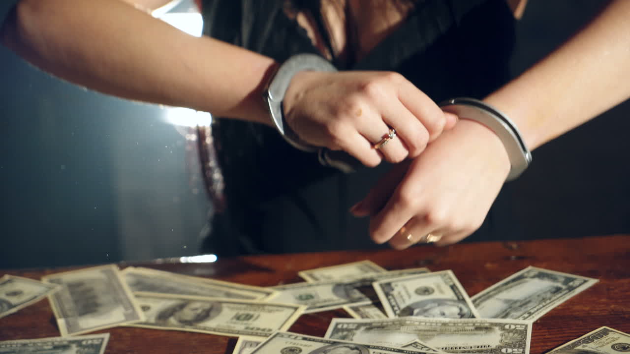 Illegal money and handcuffs. Woman trying to free herself