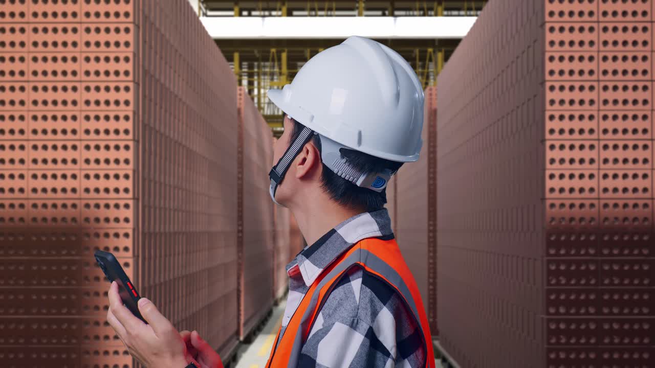 Close Up Side View Of Asian Male Engineer With Safety Helmet Using Smartphone And Looking Around While Standing With Red Brick Packed in Stacks Are Stored