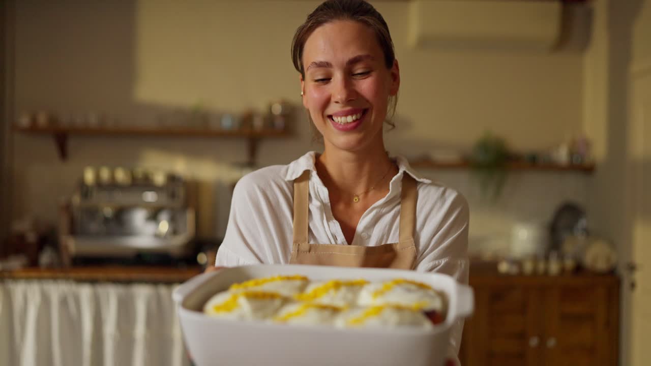 una mujer sonríe y muestra un plato de pasteles recién horneados