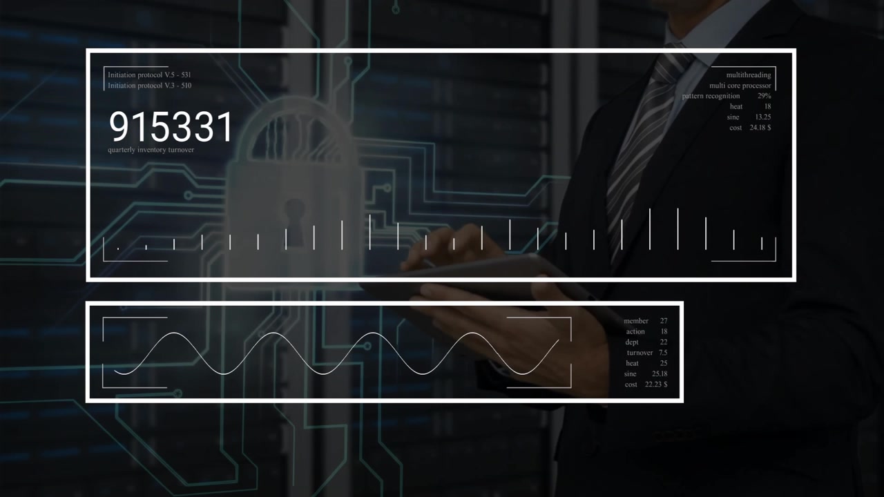 IT pro tapping tablet screen and monitoring data panels while animating changing waveform chart