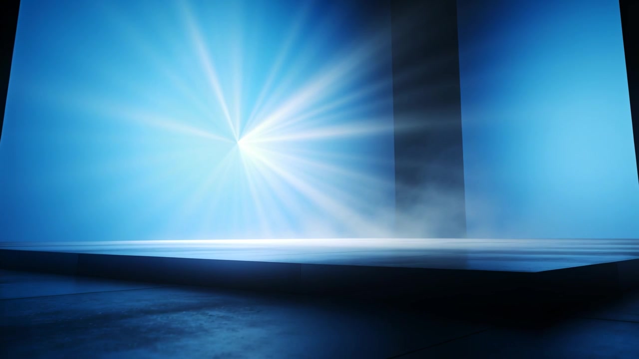 Shining evolving light starting crescent, forming beam on stage, lighting rim edge and blue panels