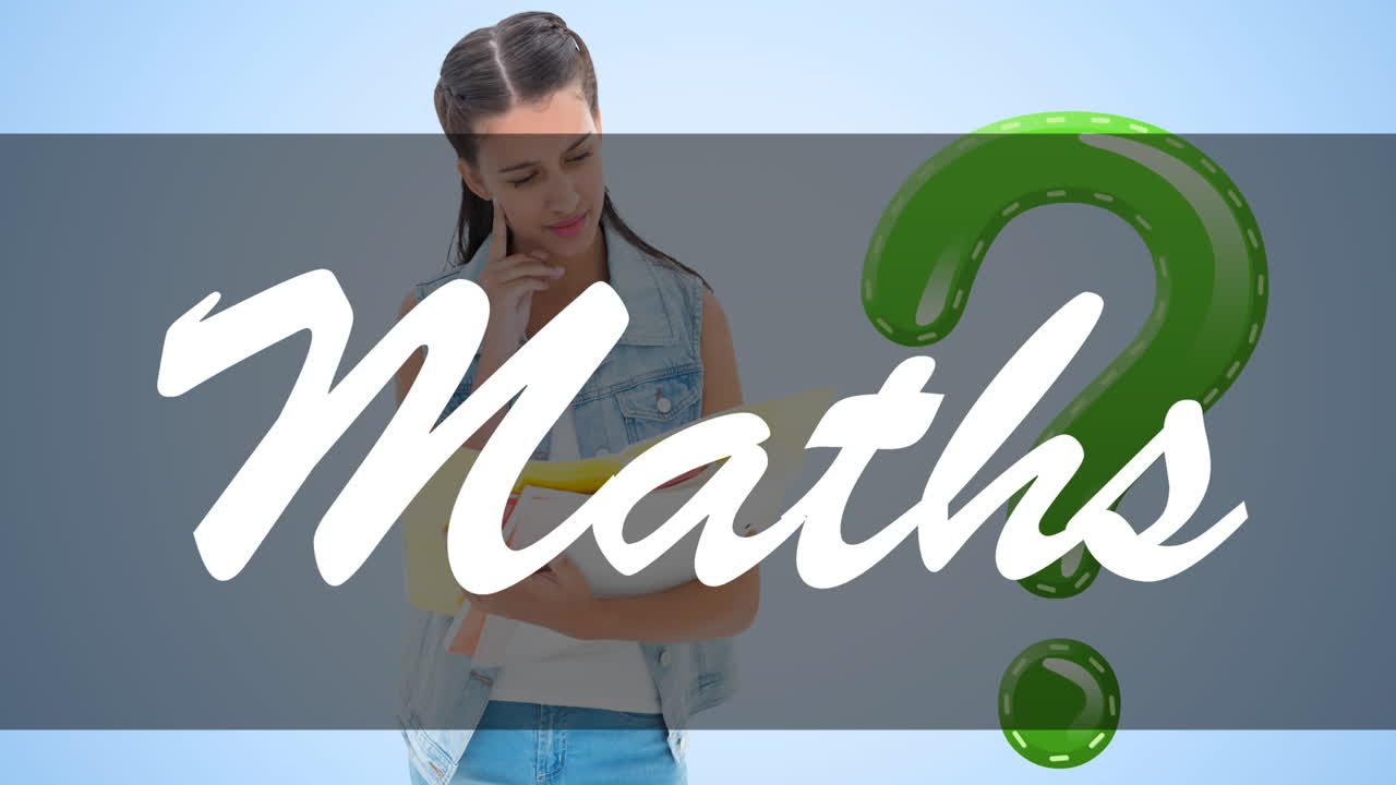 두 인종의 여성 학생에 대한 수학 텍스트와 물음표의 애니메이션