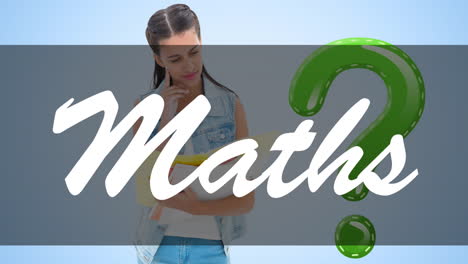 animación del texto de matemáticas y el signo de interrogación sobre una estudiante biracial
