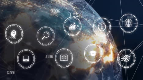 íconos digitales y animación de procesamiento de datos sobre la tierra desde el espacio