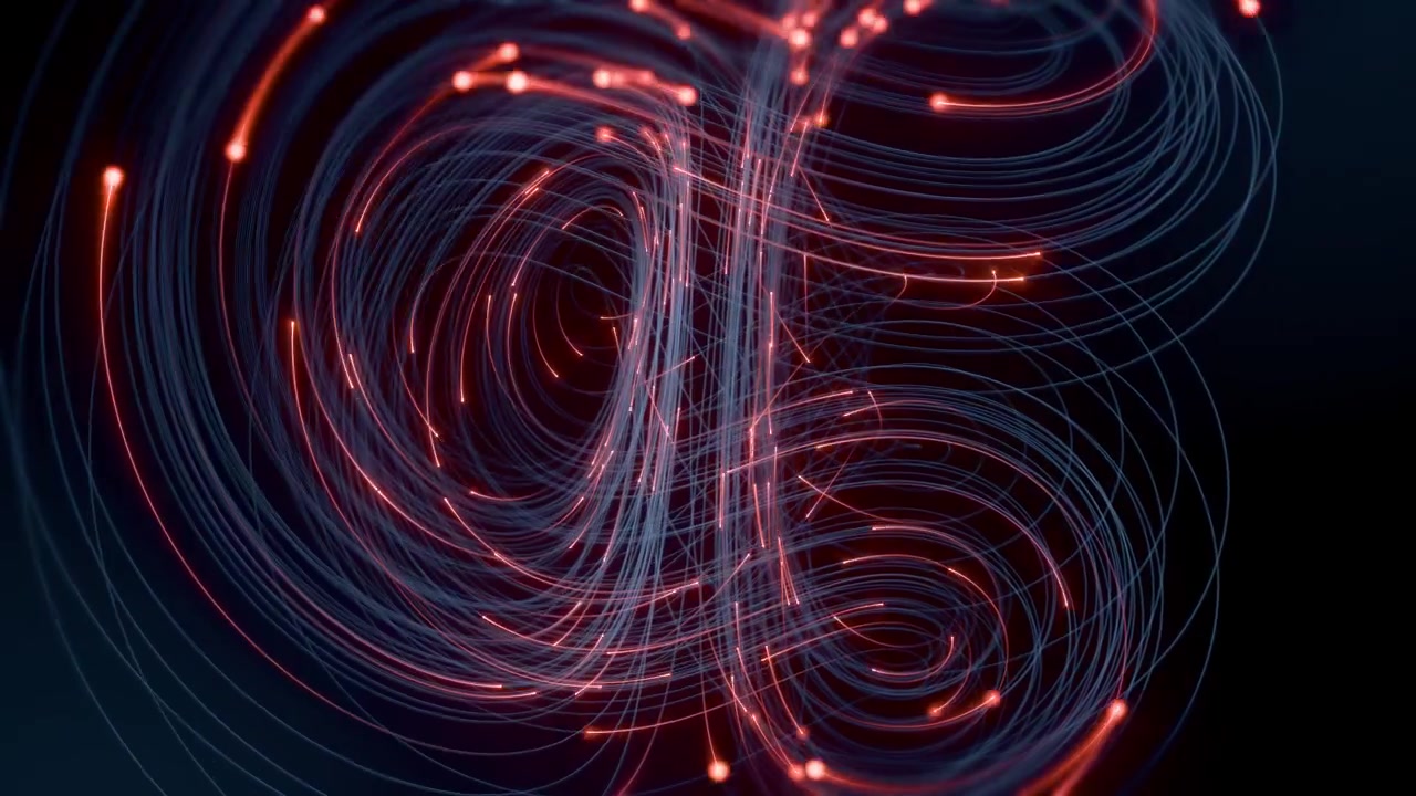 Abstract Glowing Red Fiber Optic Data Trails on Dark Background