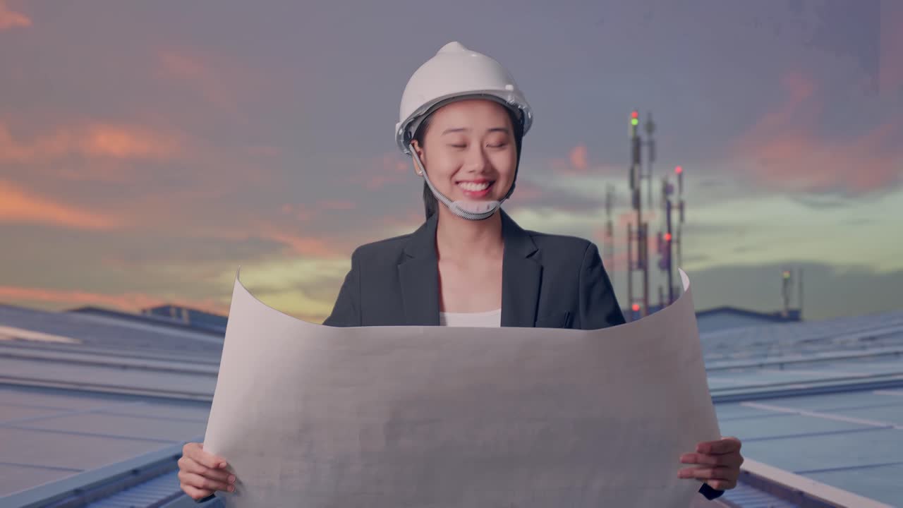 Vista frontal de empresaria asiática mirando un plano en sus manos mientras camina y mira a su alrededor en una azotea industrial con paneles solares.