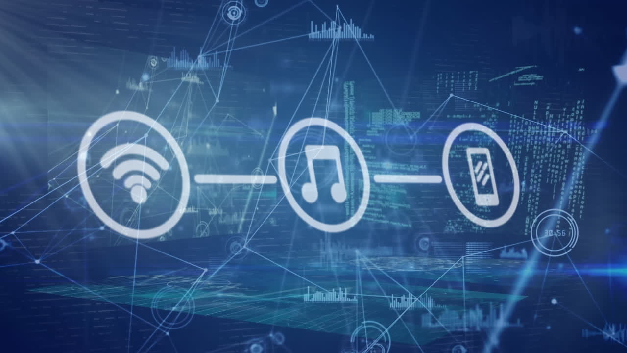 Animazione di icone digitali, rete di connessioni ed elaborazione dati su sfondo blu