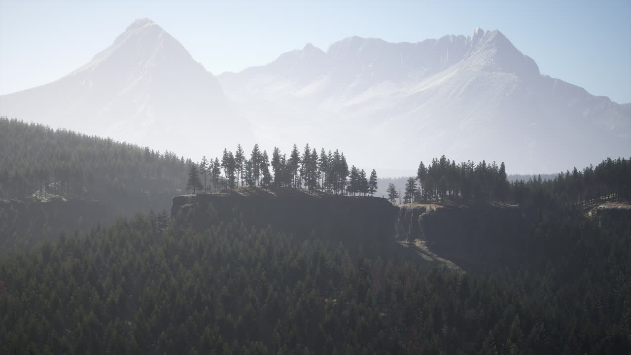 paisaje de bosque de montaña brumoso por la mañana