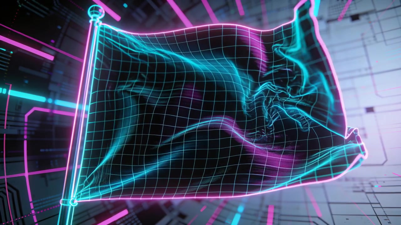 Undulating neon wireframe flag reacting to simulated wind in futuristic studio, with pole finial