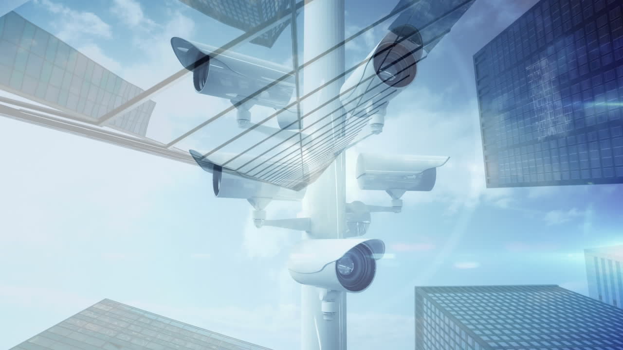 Animazione di telecamera di sorveglianza con edifici sullo sfondo