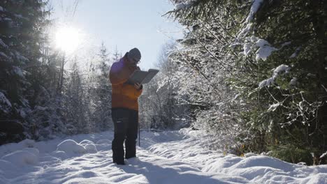 joven científico recopilando datos de bosques de invierno al aire libre: un estudio de pinos