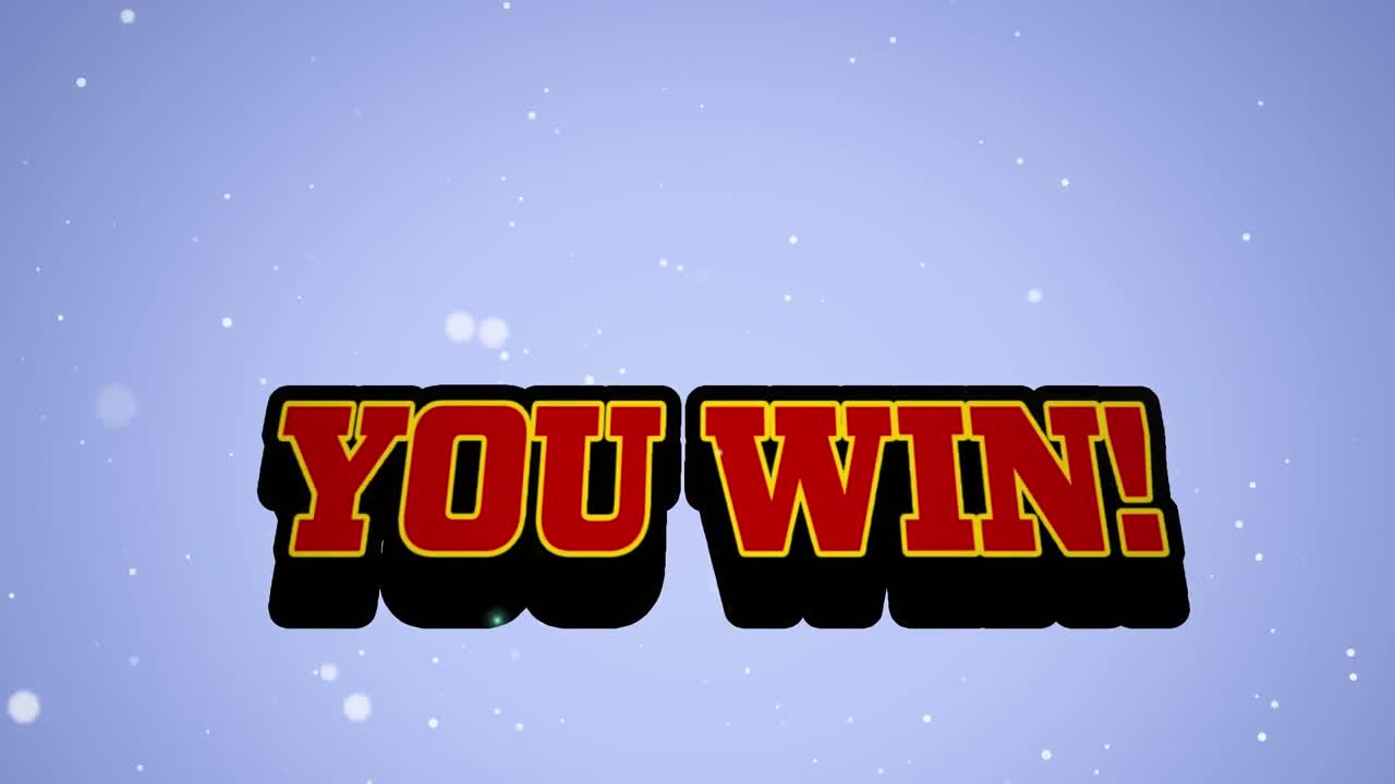 빨간색 텍스트의 애니메이션 당신이 승리, 파란색에 떠다니는  ⁇ 색 반점 위에 폭발