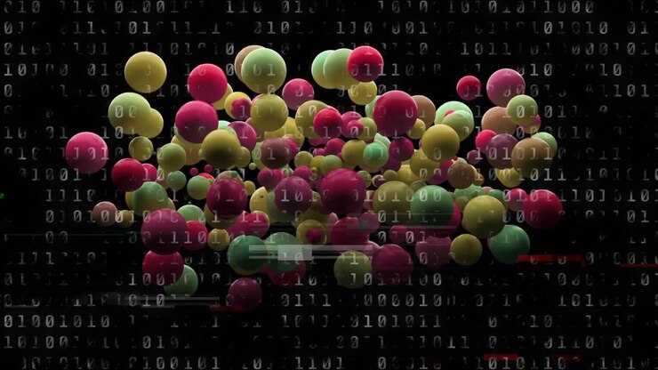Бинарный глитч вызывает появление сфер в правом верхнем углу, которые образуют облако и рассеиваются, чтобы показать данные.