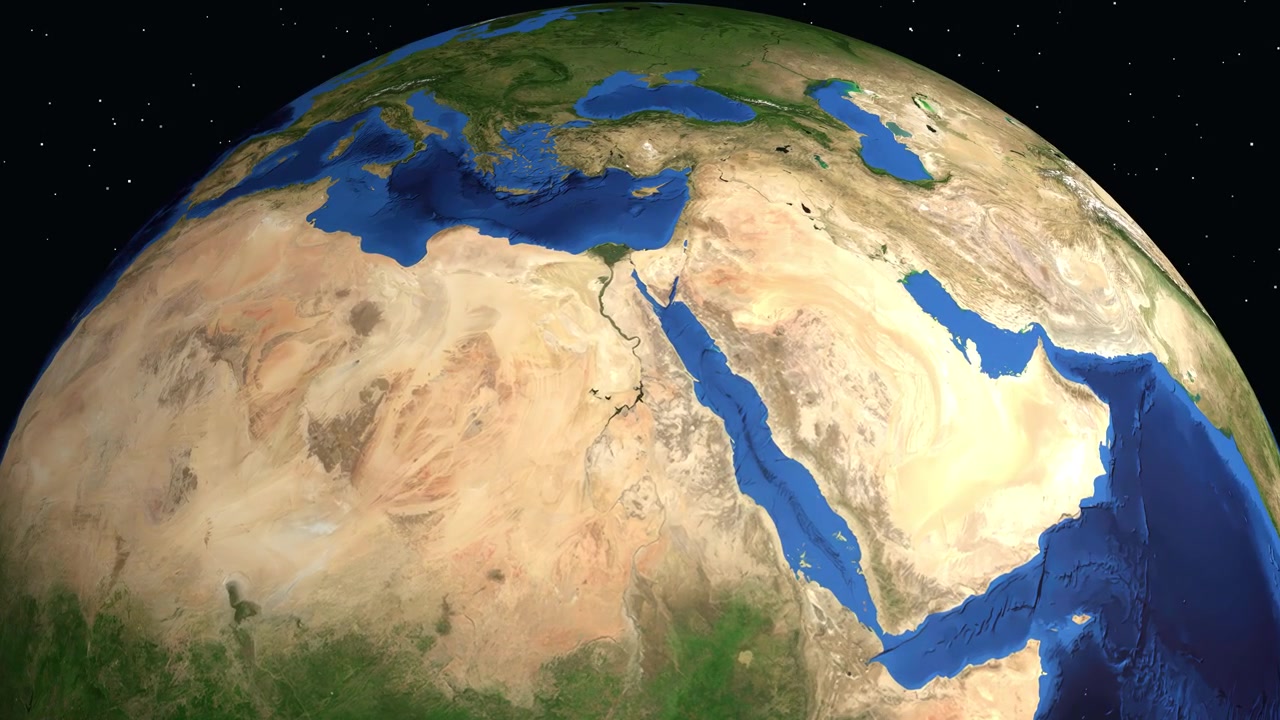 Rotating globe zooms from space into North Africa, highlighting Idfu Egypt with location data