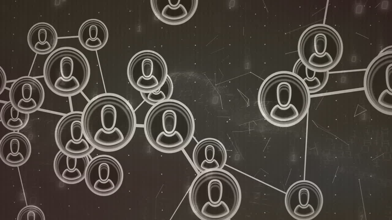 animación de la red de iconos de usuario y conexiones sobre fondo oscuro