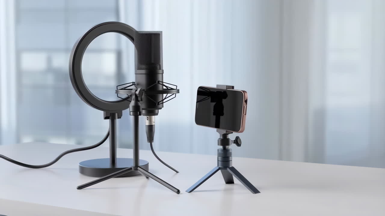 Vlogging and Podcasting Setup with Microphone, Ring Light, and Smartphone