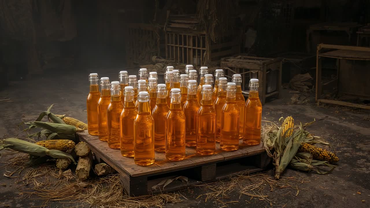 Featuring clear bottle cluster with amber liquid resting on pallet in barn, with corncobs and logs