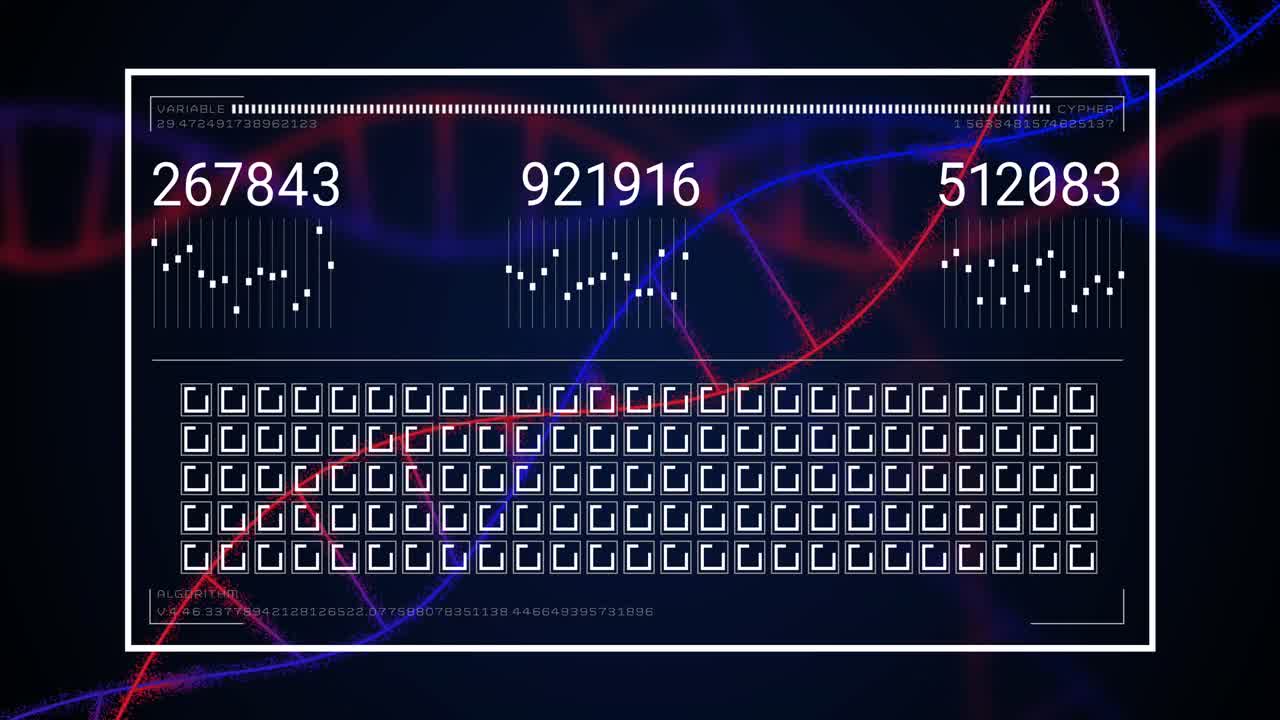 Animation of digital display with changing numbers and spinning square shapes over dna helix