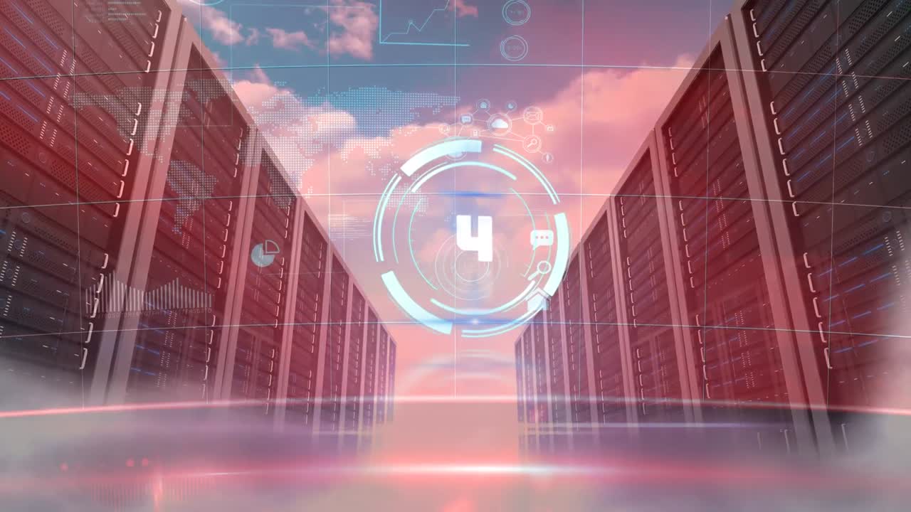 animación del conteo sobre la sala del servidor en las nubes