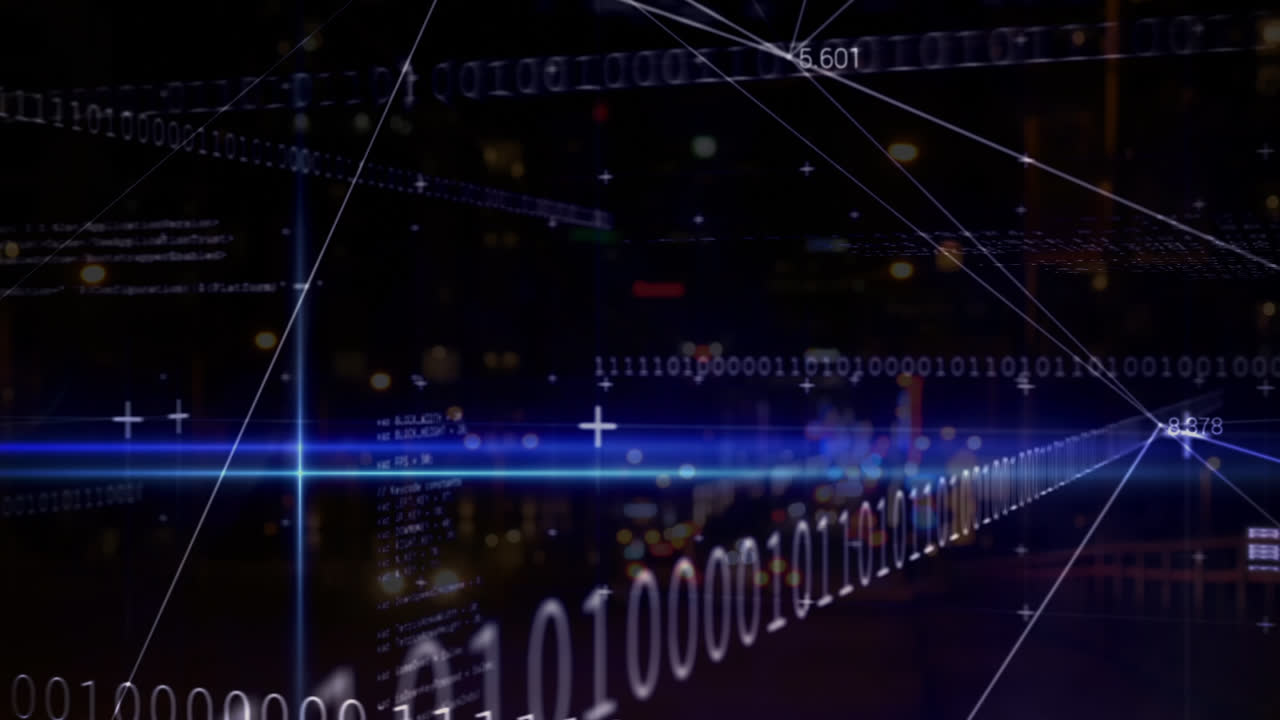 Animation of data processing and binary coding over city