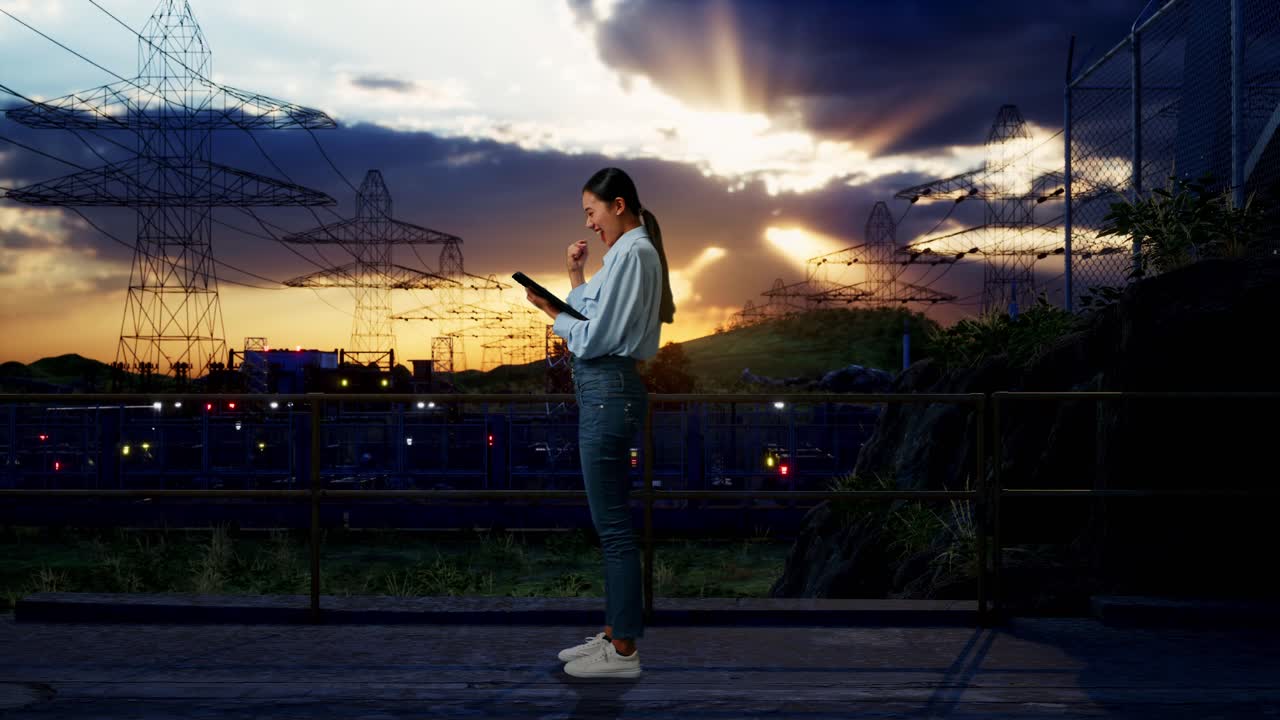 Full Body Side View Of An Asian Female Professional Worker Standing With Her Tablet Near High Voltage Tower, Industrial Facility, She Raises Her Fist Up With Screaming Goal