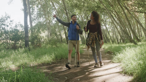 Happy-african-american-couple-hiking-with-trekking-poles-in-forest,-slow-motion