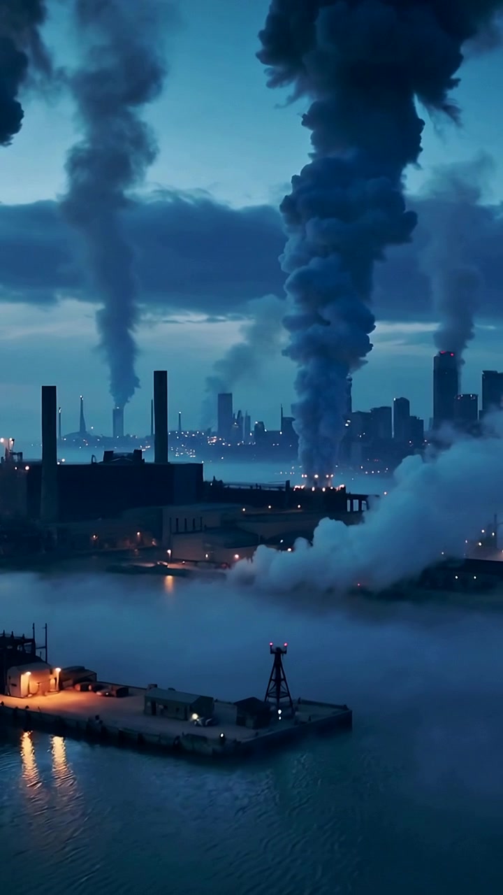 Vertical video: Shifting wind moving stacks' plumes and fog across harbor at dusk, with pier light