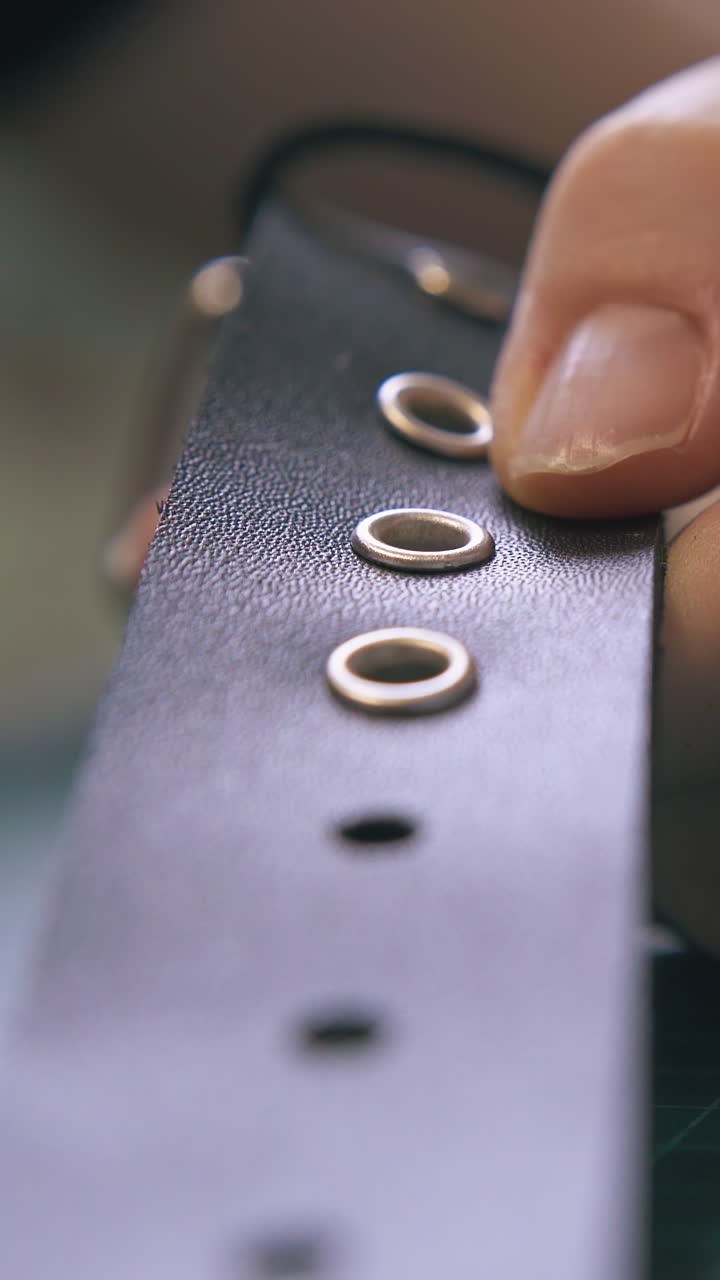 CU: Professional woman designer fixes silver eyelets in black leather belt holes on green cutting board close view