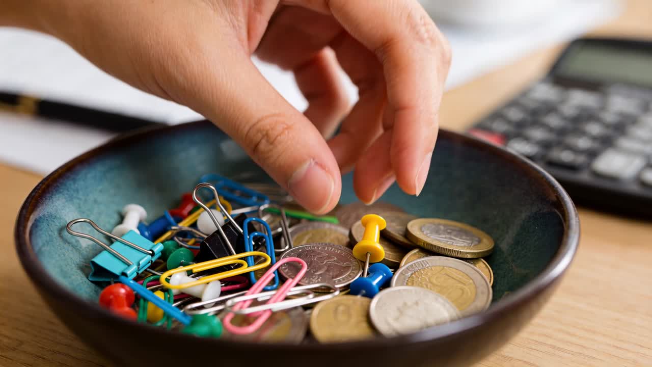 Mão estendida beliscando e levantando um alfinete de uma tigela rasa com moedas em uma mesa de escritório, recolhendo-o