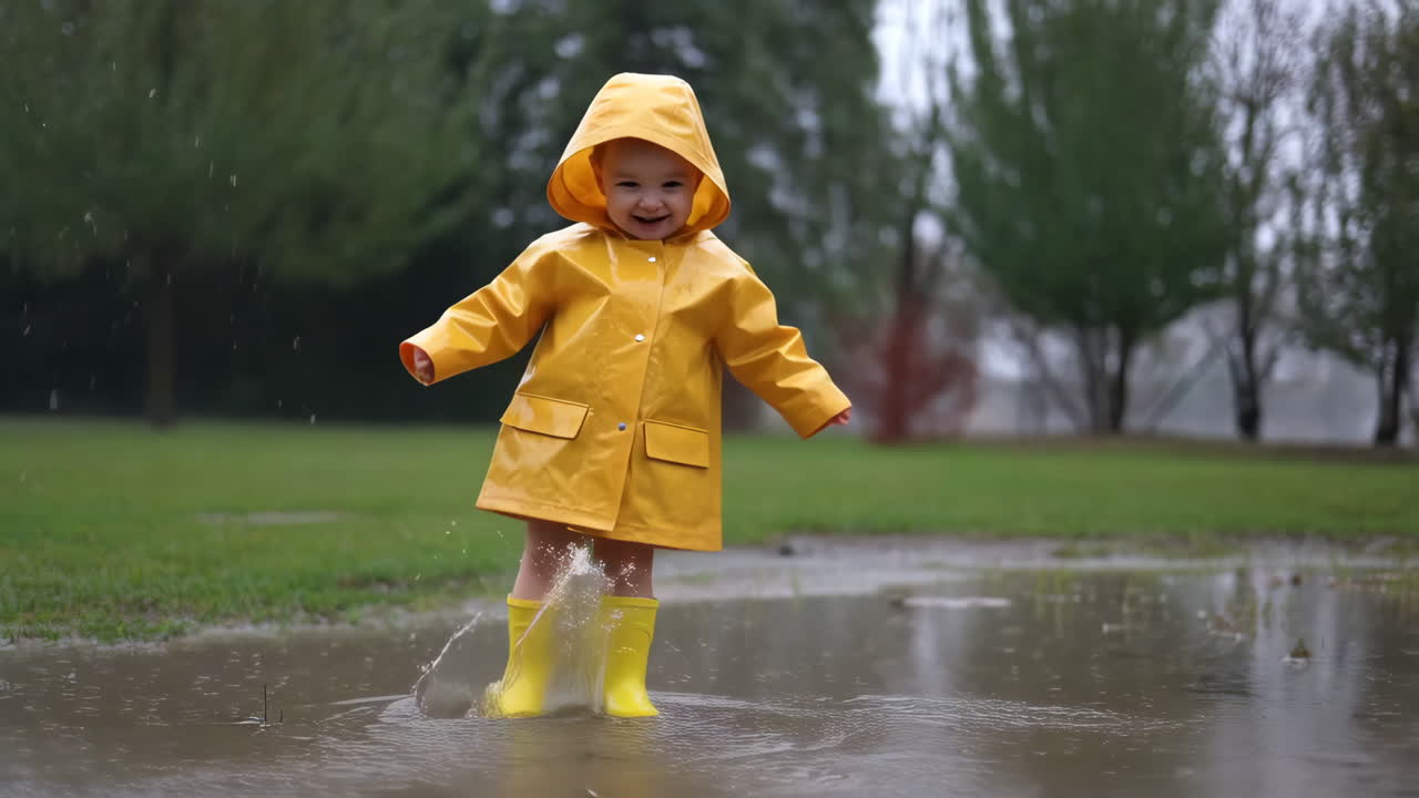 Joyful Toddler Splashing in Rain Puddles in Yellow Rain Gear